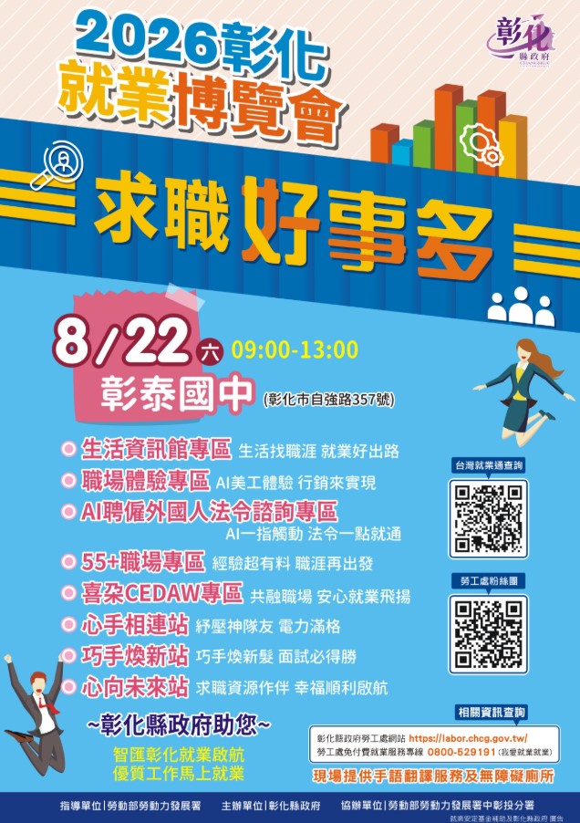 彰化縣115年「求職好事多」第5場大型就業博覽會於8月22日登場 現場千個職缺 邀民眾把握求職良機